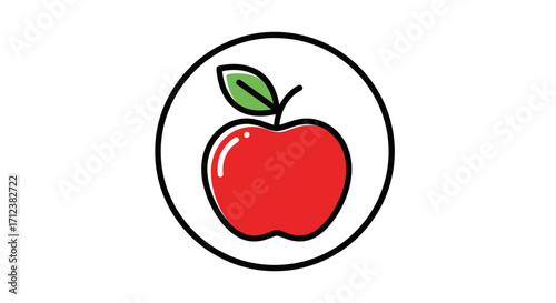 Vibrant Red Apple with Green Leaf in a Circular Frame.