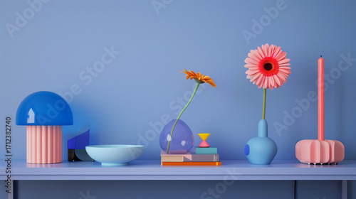 Colorful pastel still life with geometric decor and flowers arranged on a blue background