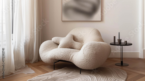 Stylish minimal room with sculptural boucle armchair and abstract art in bright natural light