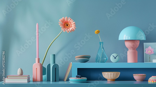 Colorful pastel still life with geometric decor and flowers arranged on a blue background