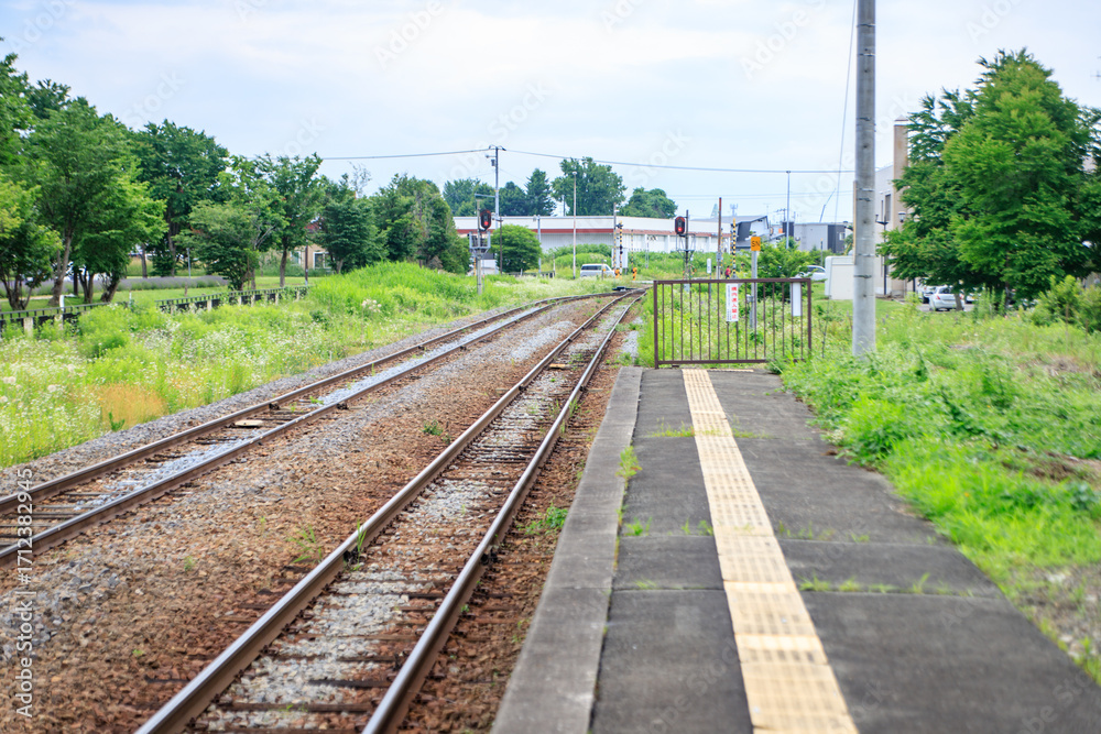 Fototapeta premium Quiet Platform: Railway Track and Station in Green Semi-Rural Landscape