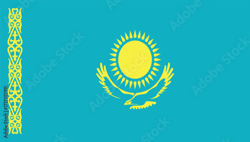 Flag of Kazakhstan with a golden sun, eagle, and national ornament on a blue background.