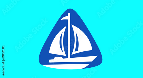 Stylized white sailboat icon in a blue triangle.