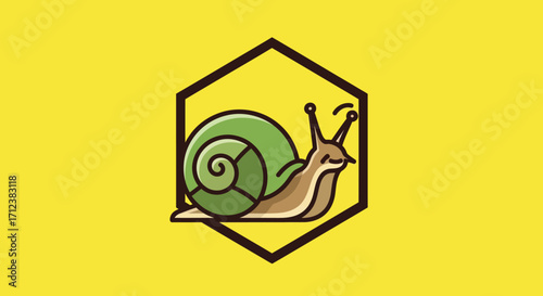 Cute cartoon snail logo inside a modern hexagon frame.