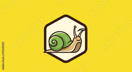 Cartoon Snail Illustration in Hexagon Frame on Yellow Background.