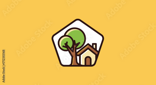 Cartoon Illustration of a House and Tree within a Shield Shape.