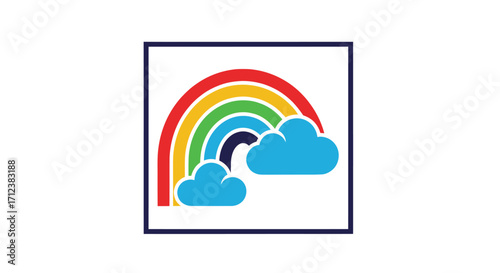 Colorful Rainbow with Clouds Illustration in a Square Frame.