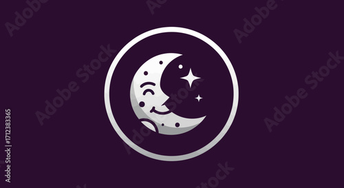 Crescent moon with stars and face illustration.