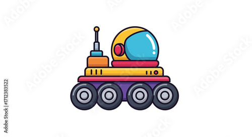 Colorful cartoon illustration of a space rover exploring the cosmos.