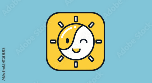 Cartoon Sun with Yin Yang Symbol and Smiling Face in Yellow Square.