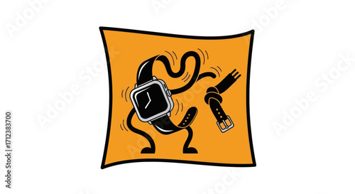 Playful cartoon smartwatch character dancing with its detached strap in a whimsical illustration.