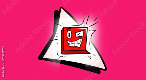 Winking red square character in a graffiti art style.