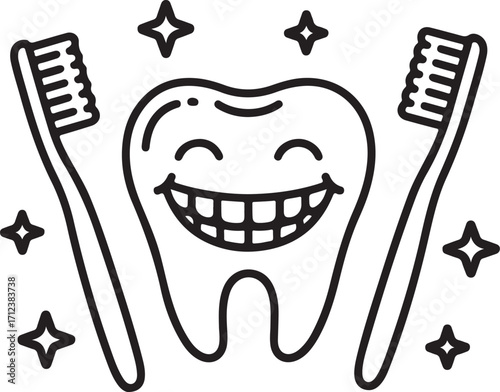 Cute Toothbrush and Teeth Silhouette Collection with Stars Black Outline Vector Icons