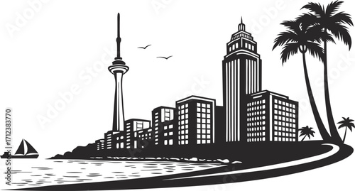 High resolution black and white city skyline silhouette design for modern projects