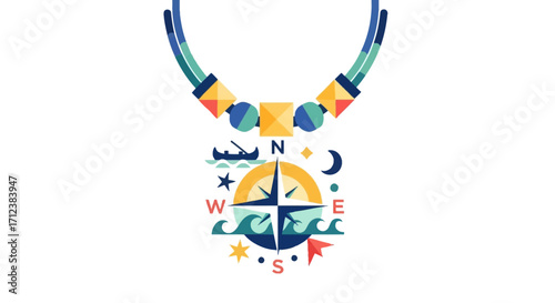 Colorful Compass Necklace with Nautical Elements and Bead Accents.