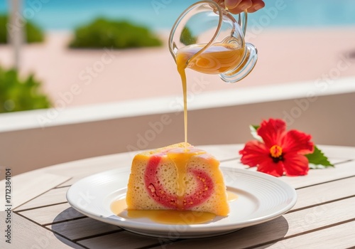 Pouring sweet sauce on a slice of guava duff cake on a plate with a tropical beach background