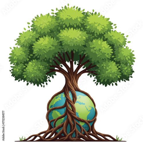 Stylized Global Tree Flat 2D Vector: Symbolizing Environmental Connection and Worldwide Green Initiatives for Sustainability