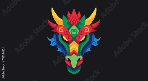 Colorful Dragon Head Illustration with Intricate Details and Vibrant Colors.