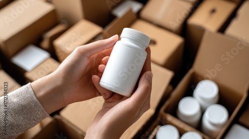 Close-up of hands holding a plain white supplement bottle against a blurred background of numerous cardboard boxes and additional bottles