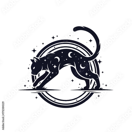 Celestial cat leaping, cosmic design, starry feline, mystical artwork.