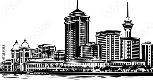 Striking high resolution black and white city skyline silhouette illustration for modern design projects