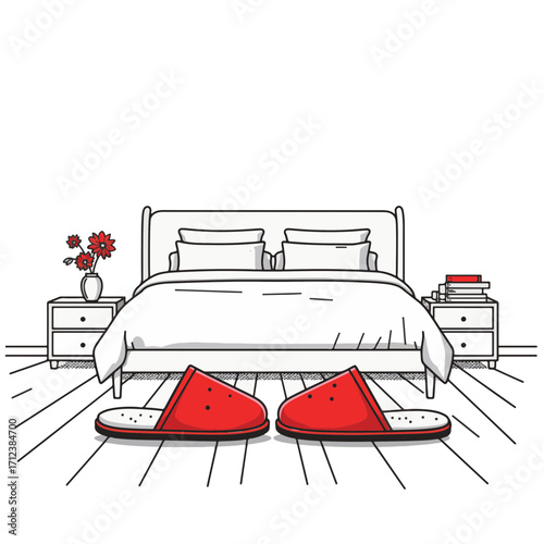 Cozy slippers on bedroom floor in minimalistic design, home comfort