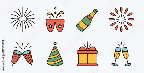 Festive new year celebration icons with champagne and party decorations
