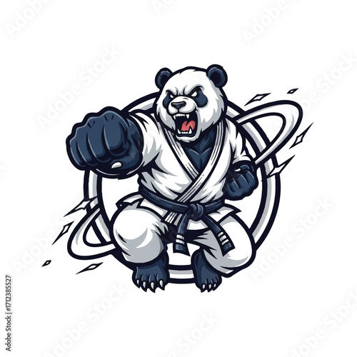 A fierce panda, clad in a karate gi, delivers a powerful punch with focused intensity.