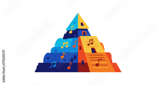 Colorful musical pyramid with notes and windows.