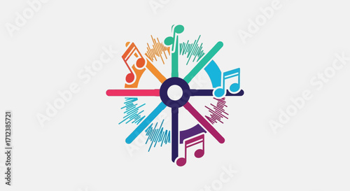 Colorful musical notes radiating from a central hub representing music.