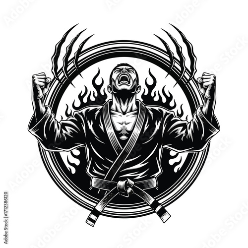 A dramatic illustration of a martial artist, exuding power and intensity, with claws.