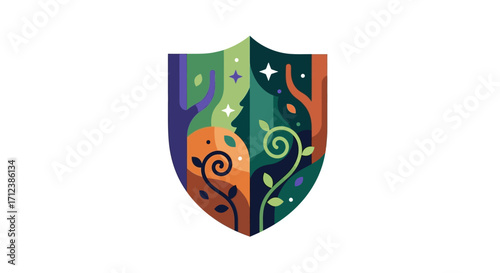 Colorful shield emblem with a magical nature scene illustration.
