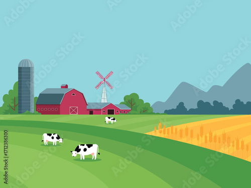 Harvest time rural landscape illustration featuring farmhouse, meadows, and wheat fields in abstract style, vector artwork perfect for farming, agriculture, and countryside scene designs.