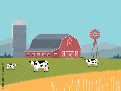 Abstract farmland scenery with farmhouse, wheat fields, and harvest season meadows, vector illustration ideal for agriculture, countryside design, rural environment, and eco-friendly projects.