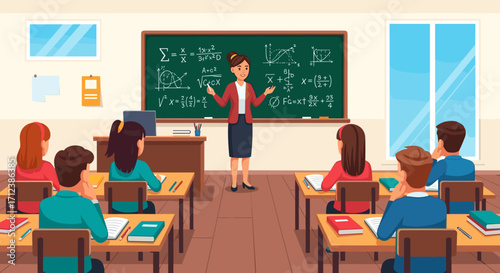 Engaged students learn complex mathematical equations from a skilled female teacher who is actively presenting a lesson on a traditional classroom blackboard.