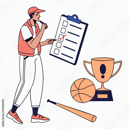Male coach thinking with checklist clipboard, trophy, soccer ball, and bat on white background. Concept of sports planning and achievement. Vector .