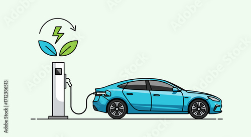 This vibrant illustration depicts a blue electric vehicle charging at a modern station, emphasizing sustainable energy and environmentally conscious travel.