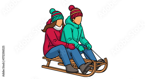 Two people enjoy a thrilling winter sled ride, bundled warmly in hats and jackets, experiencing the joy of the snowy season together.
