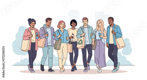 A diverse group of young friends walks together, carrying reusable bags and drinks, embodying modern urban lifestyle and sustainable choices.