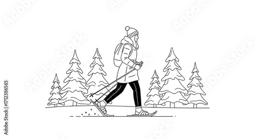 A lone adventurer enjoys a peaceful winter trek, snowshoeing through a serene pine forest, depicted in a clean, minimalist line art illustration.
