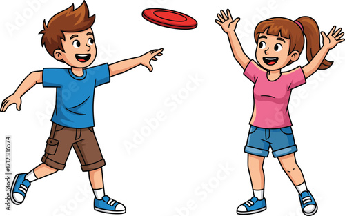 Children playing with frisbee, outdoor activity, cartoon illustration, summer fun, physical exercise, teamwork, motion, catching disc, playful moment, interaction