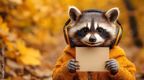 A cute raccoon wearing headphones and an orange sweater holds a blank sign in an autumn forest