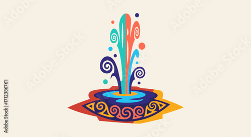 Colorful stylized water fountain with decorative spiral patterns.