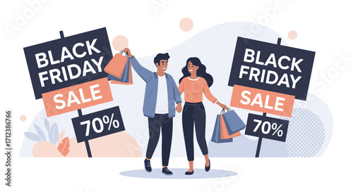 A joyful couple celebrates significant savings during the annual Black Friday shopping event, holding bags filled with discounted purchases.