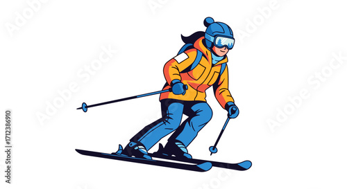 A dynamic illustration of a person in colorful winter ski gear, including a blue hat, goggles, and orange jacket, actively enjoying the thrill of downhill skiing.