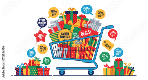 A vibrant shopping cart overflows with beautifully wrapped gift boxes and numerous discount tags, symbolizing the excitement of holiday sales and online shopping events.