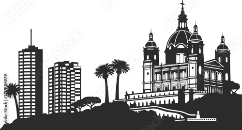 High resolution black and white city skyline silhouette design for modern projects