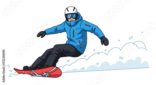 A dynamic cartoon illustration captures a male snowboarder expertly carving down a snowy slope, showcasing winter sports excitement and active recreation.