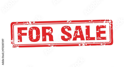 A red "FOR SALE" rubber stamp imprint with a distressed, grunge texture on a white background, indicating an item or property is available for purchase.