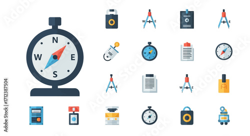 Compass navigation tool for direction and orientation on white background.